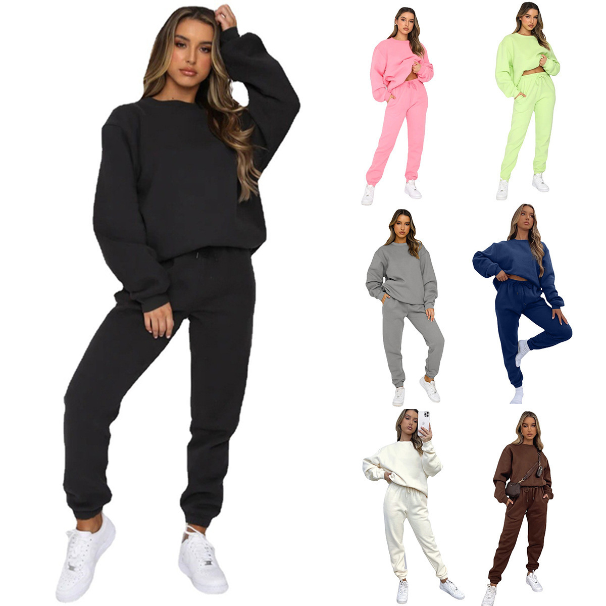 840g Weight Long Sleeve Sleeve Length Polyester Fabric Type Sweatshirt & Hoodie Co-ord Set Sets Type 2 Pieces Set Quantity Casual Occasion Round Neck Neckline Loose Fit Type Solid Color Pattern Winter, Autumn Season Women's Gender Streetwear Style Casual Women's Streetwear Solid Color Polyester Sweatshirt & Hoodie Co-ord Set Pants Sets 2