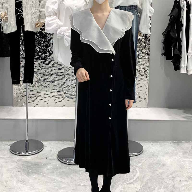 2021 Winter Hepburn Style Double-layer Collar Ruffled Single-breasted Tight Waist Long Elegant Black Gold Velvet Dress