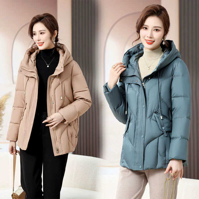 Зимняя теплая куртка средней длины для матери на утином пуху, 2023, новинка, модный пуховик с капюшоном для женщин среднего возраста, 50-летней давности