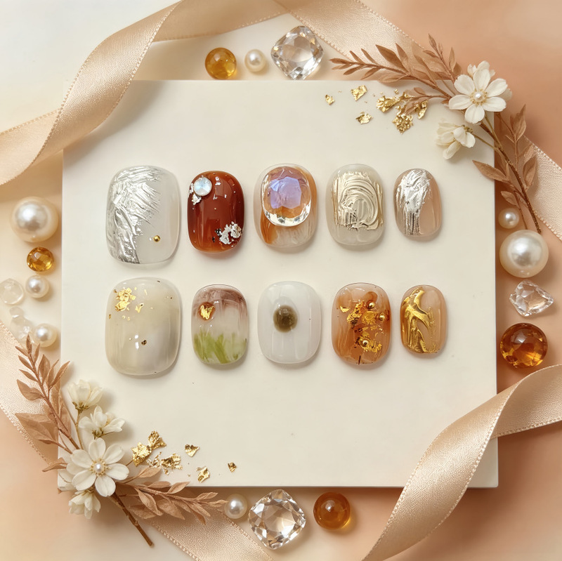 Large diamond translucent gold gradient amber hue elegant high-end jade color pure handmade short press-on nails Large diamond translucent gold gradient amber hue elegant high-end jade color pure handmade short press-on nails
