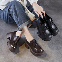 真皮女鞋春秋单鞋2025新款轻奢擦色厚底小皮鞋英伦复古系带乐福鞋