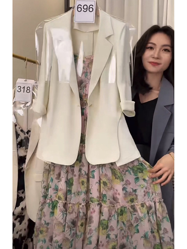 2025春夏新款小香风薄款西装套装女法式小众气质碎花吊带连衣裙子|undefined
