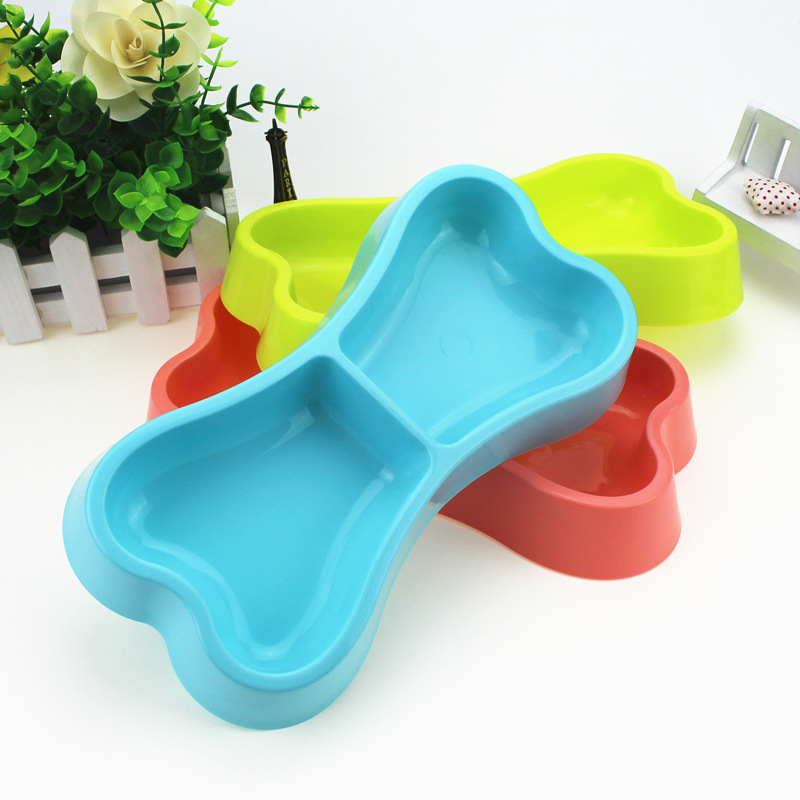 Mascota doble tazón perro tazón plástico para mascotas tazón perro forma de hueso perro doble tazón dos en uno tazón de comida para mascotas