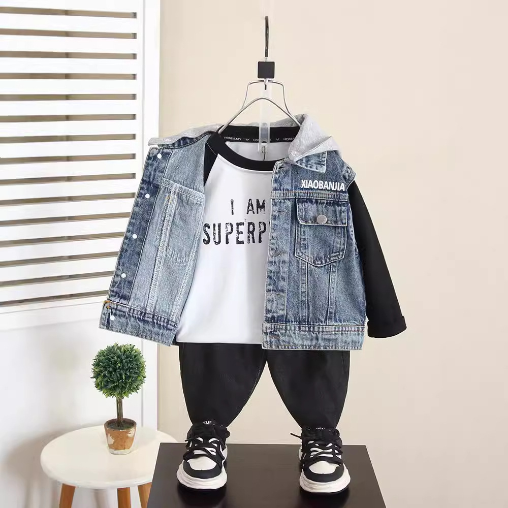 6262 Chaleco de mezclilla para niños, ropa exterior de primavera y otoño 2025 nuevo bebé, chaleco con capucha coreana de otoño para niños