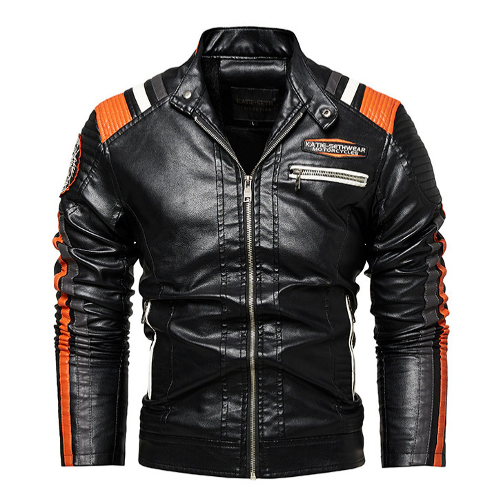 Cross-Border Popular Men's Pu Jacket, European and American Large Size Color-Blocked Biker Jacket, Fleece-Lined Workwear, Winter Pilot Leather Jacket