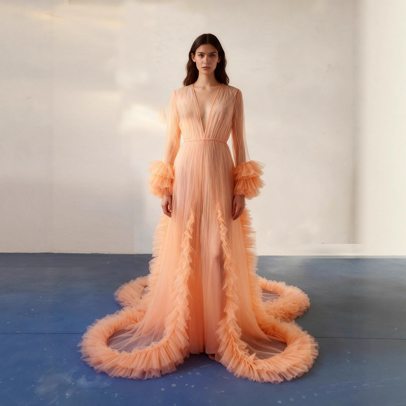 Foreign Trade Hot-Selling Mesh Pleated Trailing Bridal Bathrobe Dressing Gown Maternity Photography Dress Long-Sleeved Double-Breasted Dress