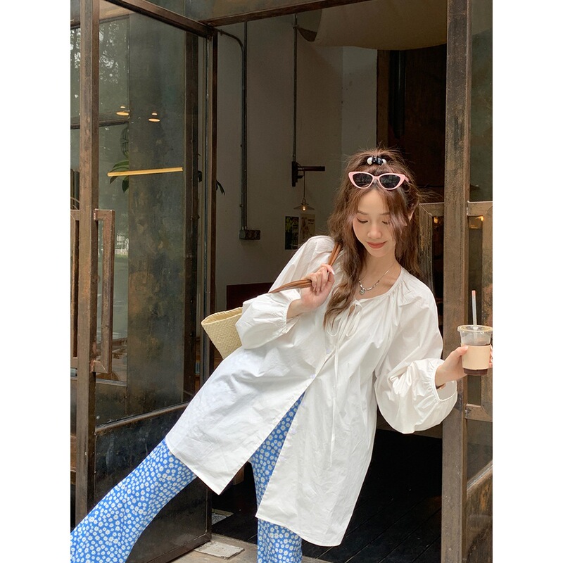 Plus Size Fat mm Summer Korean Style Loose and High-End White Puff Sleeve Strap Shirt Women's Chic Mid-Length Shirt