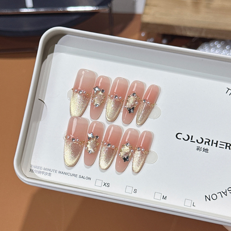 Colorful Her - [Luxurious and Glamorous] Purely Handmade Wearable Nails, Light Luxury, High-End, Whitening Cat Eye Gold-Plated Autumn and Winter Nail Art Pieces