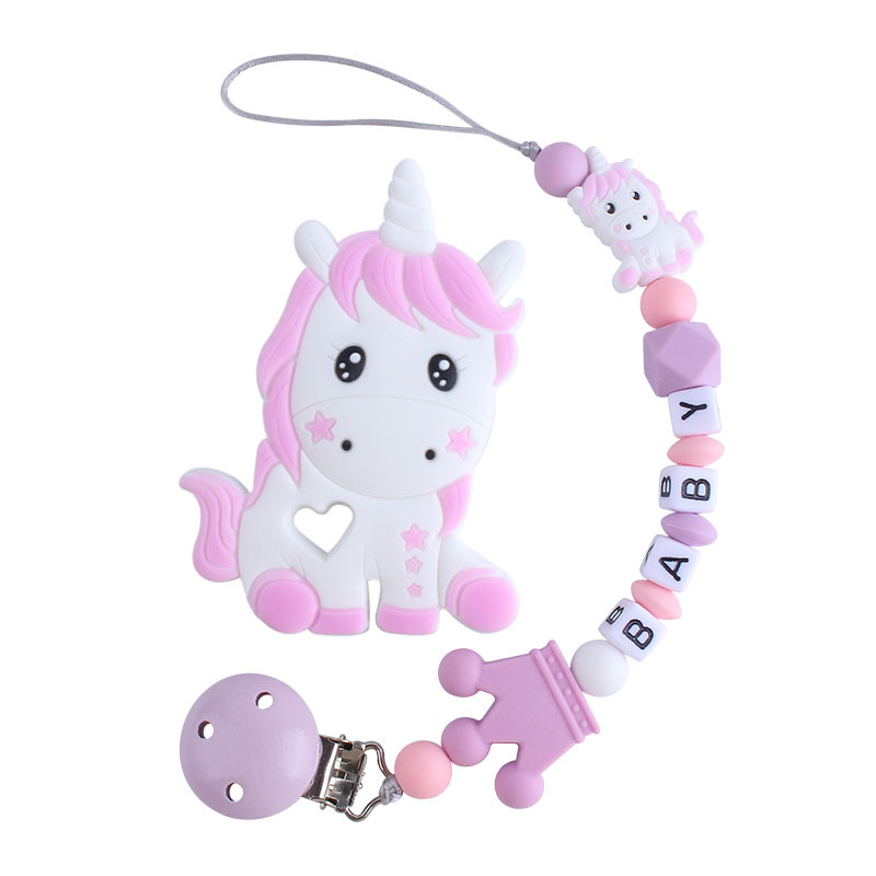 Hemu chupete clip unicornio juguete mordedor bebé nombre silicona corona chupete cadena bebé suministros