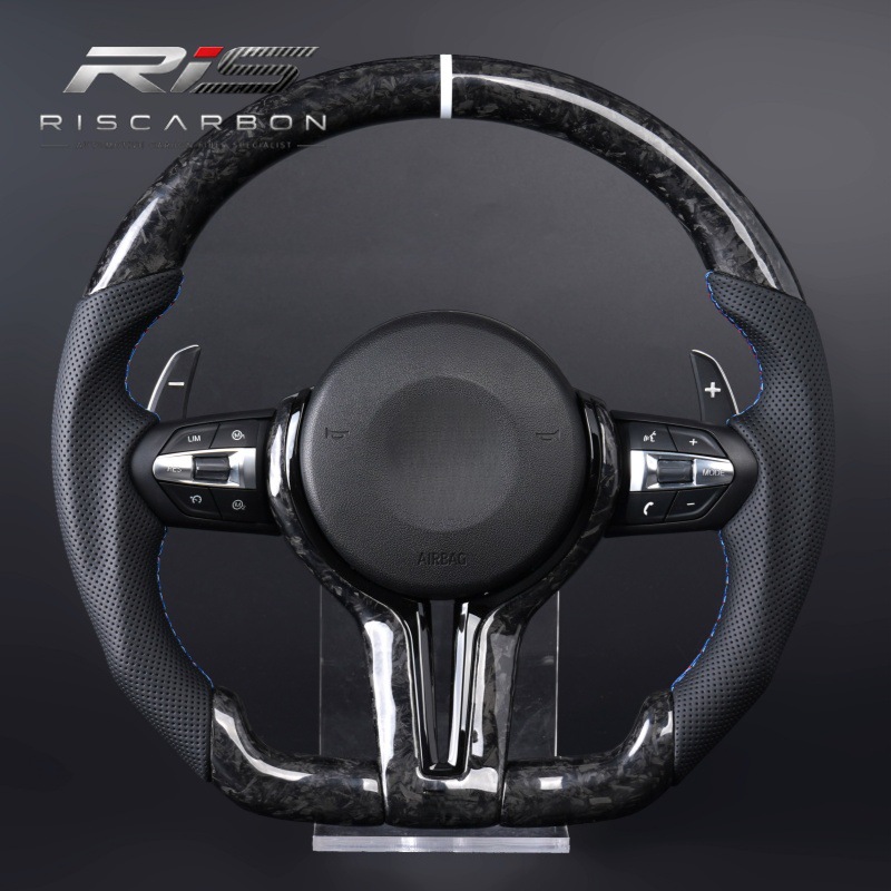 Black forged carbon fiber flat-bottom steering wheel compatible with BMW F30F10F11F15F16F20F25F18