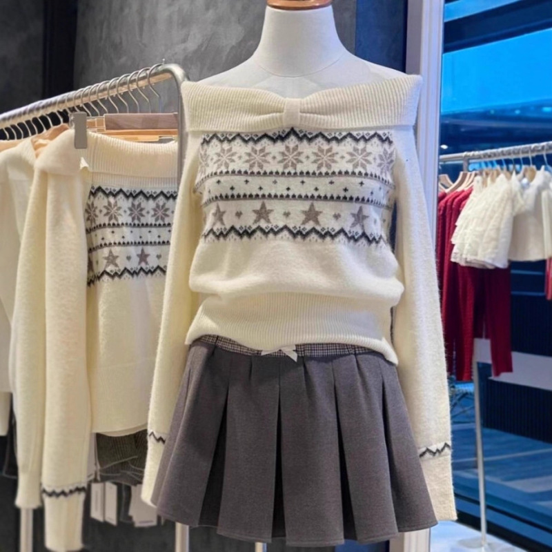 Bm Super Stylish Fair Isle Off-Shoulder Knit Sweater for Women, Bm Off-White Jacquard Christmas and New Year Sweater Top Bm Super Stylish Fair Isle Off-Shoulder Knit Sweater for Women, Bm Off-White Jacquard Christmas and New Year Sweater Top