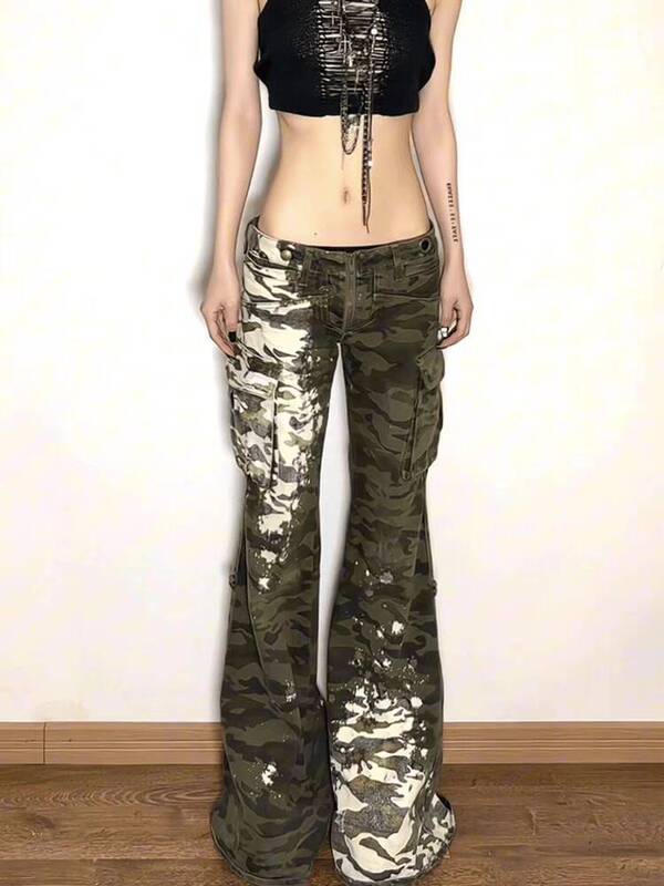 European and American Retro Waste Soil Wind Spray Paint Camouflage Fare Jeans Women's Personalized Micro-horn Low Waist Straight Pants European and American Retro Waste Soil Wind Spray Paint Camouflage Fare Jeans Women's Personalized Micro-horn Low Waist Straight Pants