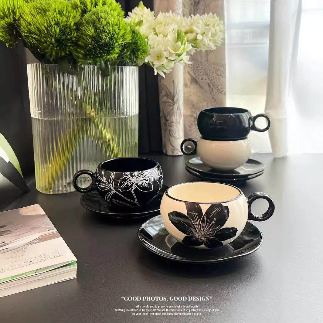 Black and White Coffee Cup and Saucer Set Retro Creative Afternoon Tea Cup and Saucer Combination Ceramic Breakfast Coffee Cup Dessert Plate