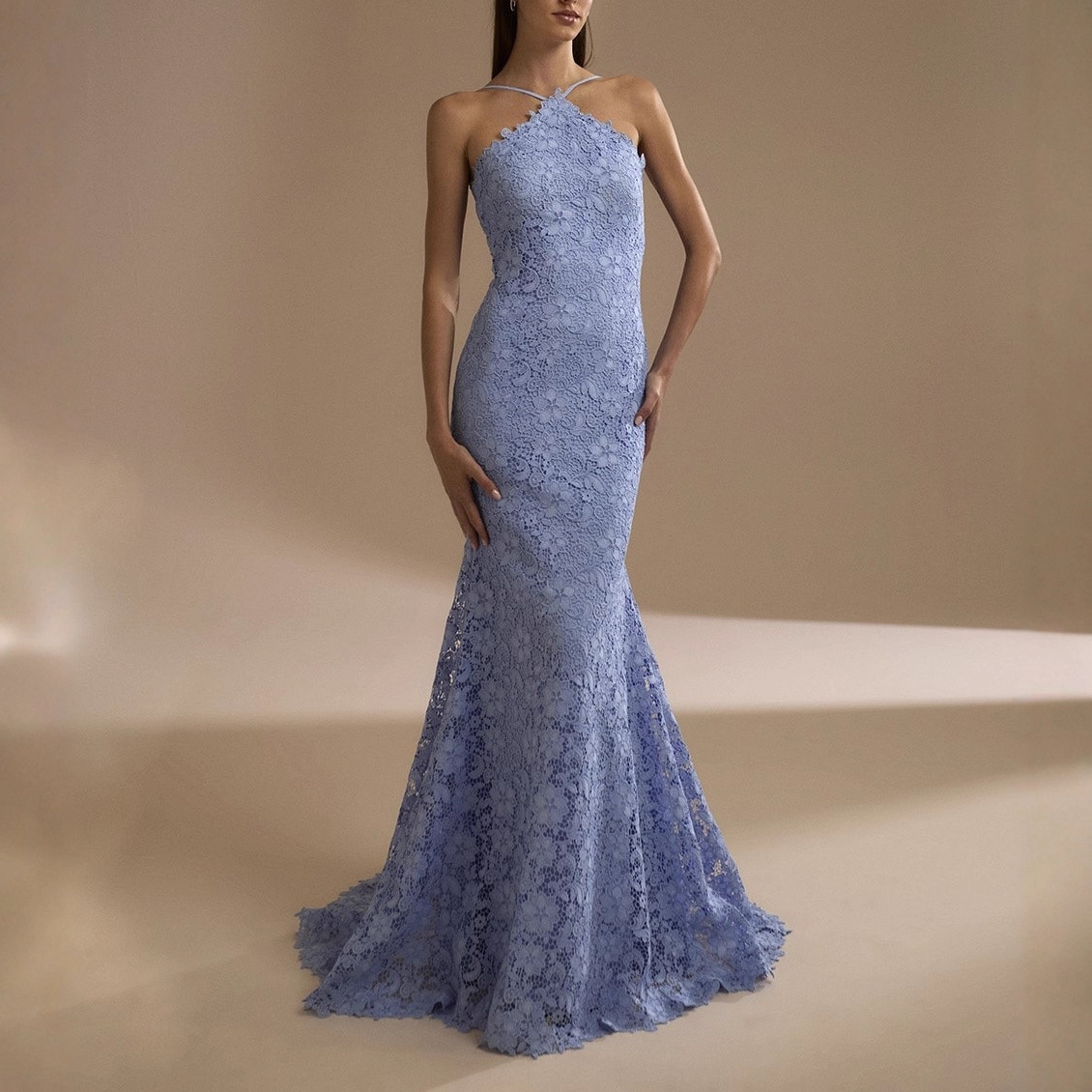 European and American Clothing Cross-Border Export 2025 Summer New Style Halterneck Dress Backless Slim Lace Fishtail Banquet Dress