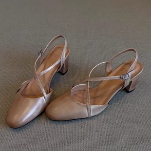 Sheepskin Version ~ Retro Style Washed Cowhide Cross-Strap Toe-Cap Sandals for Women, Beautiful Summer Flats with Skirts