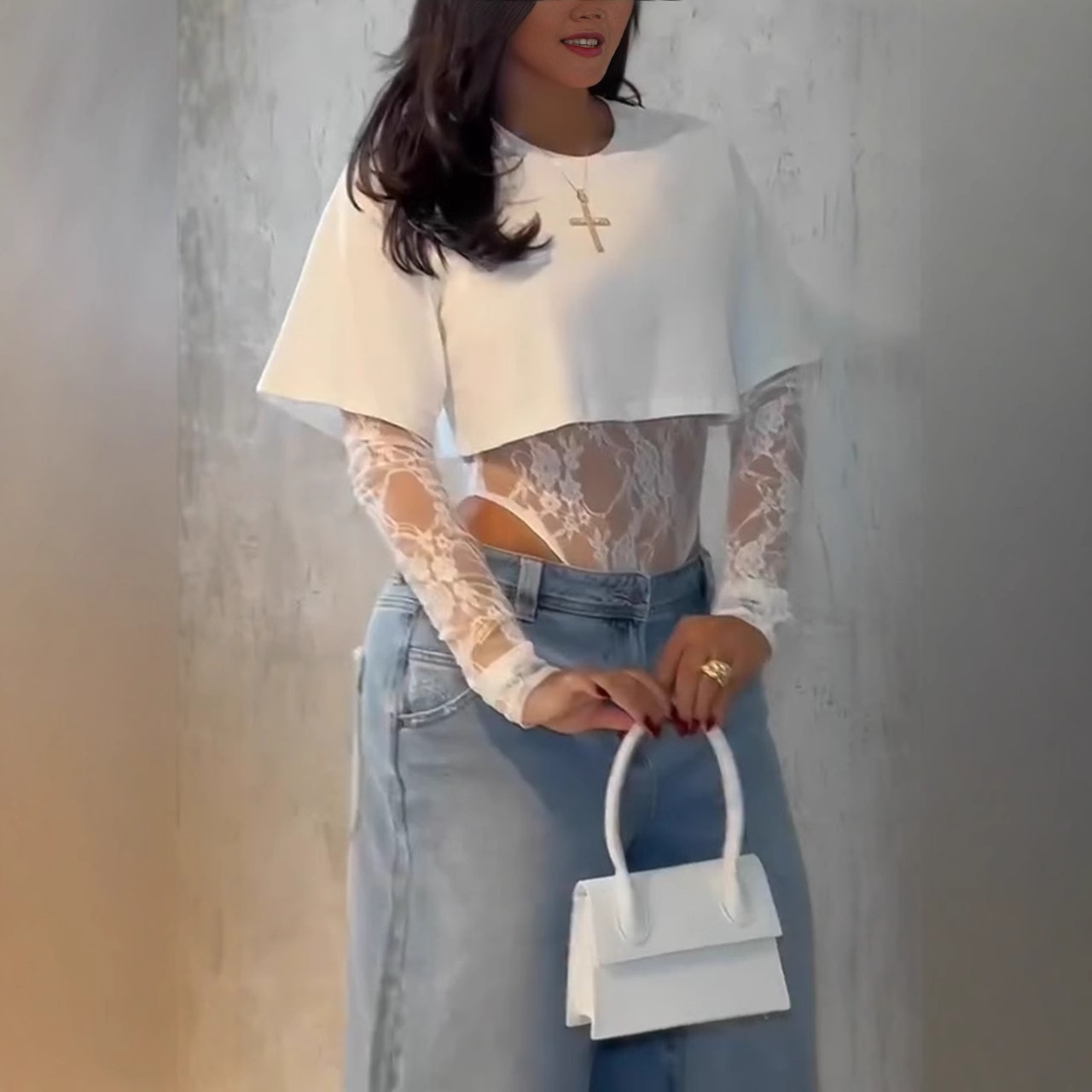 Lace T-Shirt Top Jumpsuit for Women, Round Neck, Long Sleeve, Irregular Top, Summer Fashion, Women's Streetwear, Genuine Two-Piece