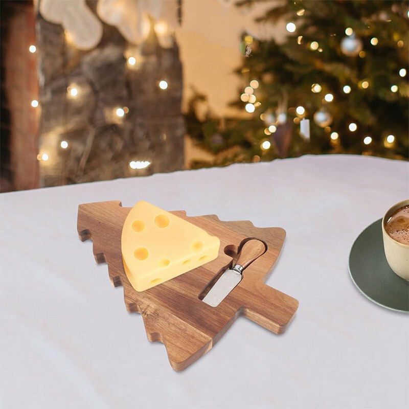 New Cheese Board Set Acacia Wood Christmas Tree Shaped Cutting Board with Knife and Fork Wooden Cheese Cutting Board Breakfast Plate