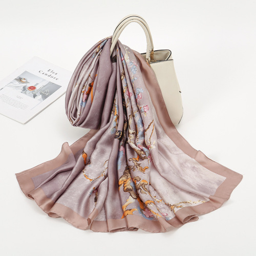 Spring, summer and autumn new Korean style floral elegant high-end imitation silk scarf women's decorative shawl sun protection beach towel
