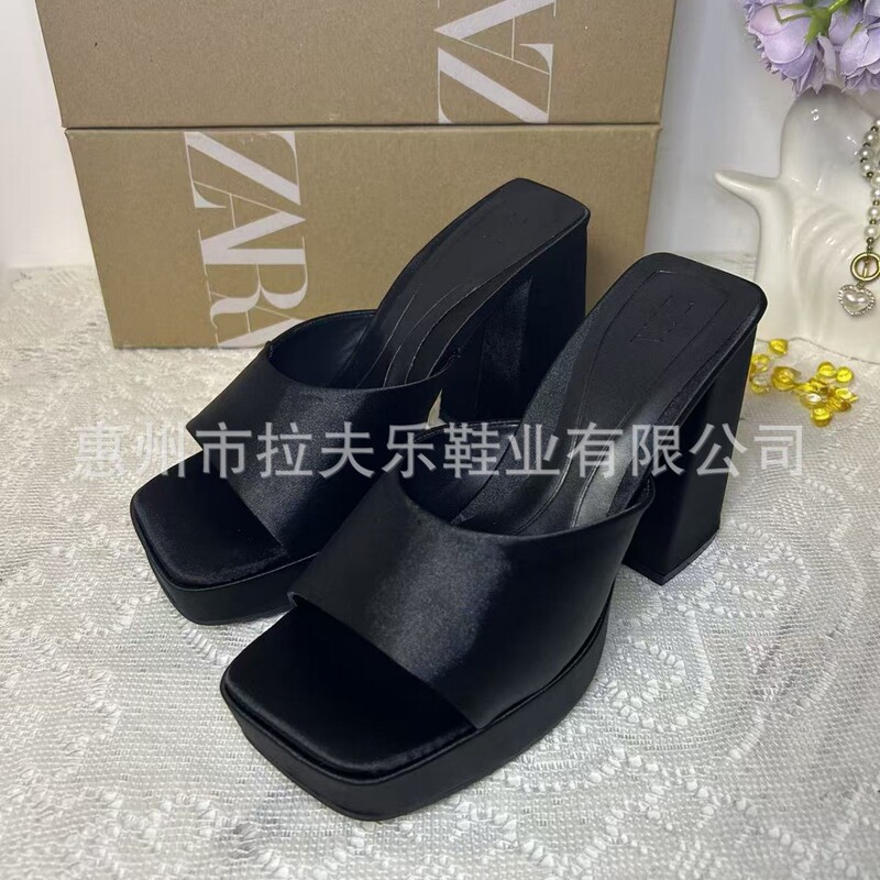 Za High-Heeled Sandals 2025 Summer New Style Simple Thick Heel Square Toe Thick Sole Waterproof High Heel Hollow Back Outer Wear Sandals