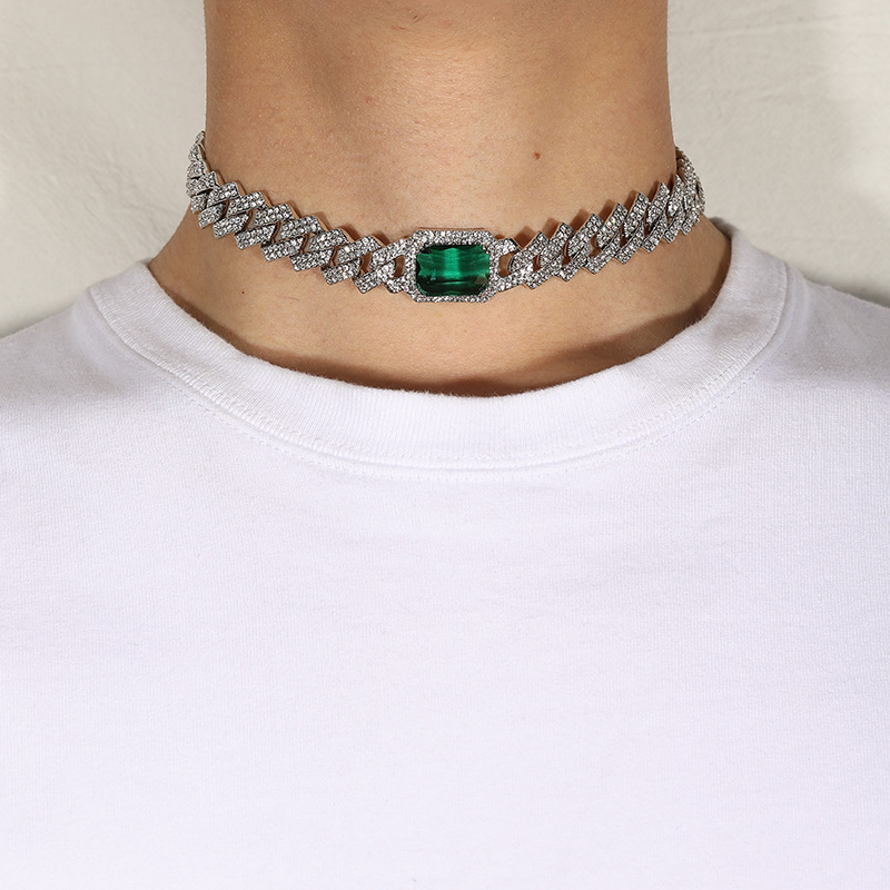 Cuban Chain Necklace Personalized Hip Hop Style Diamond Emerald_voghion.com