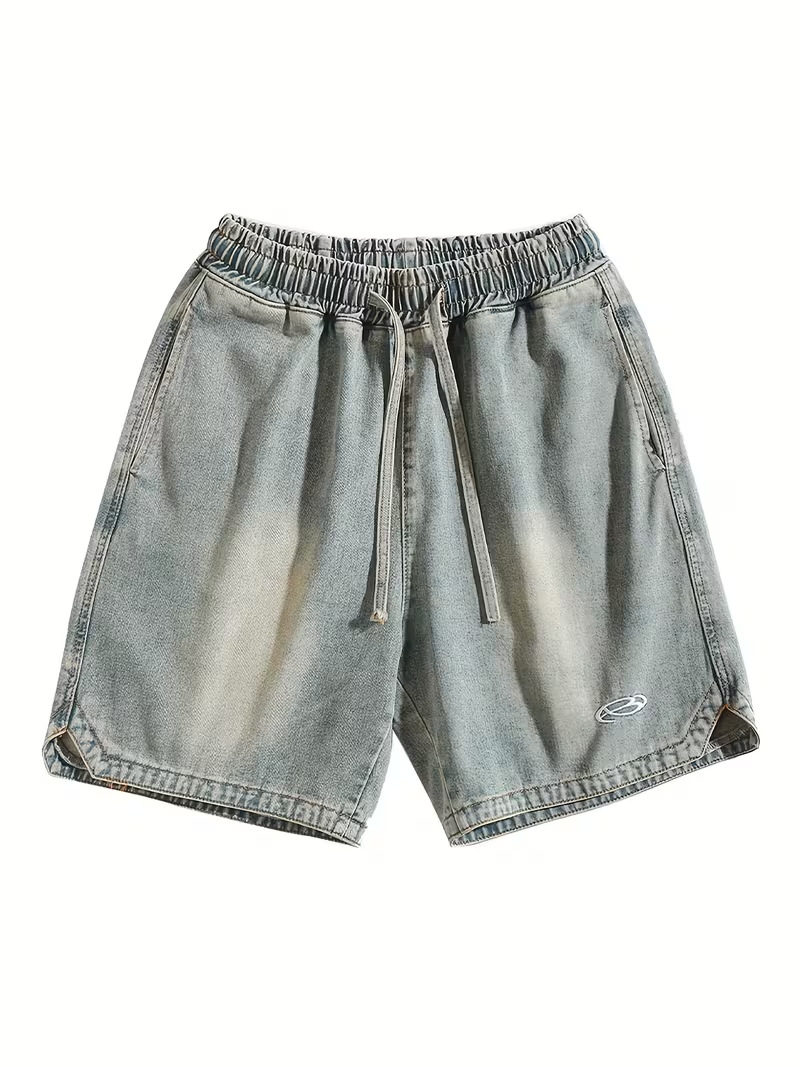 Men's Relaxed Fit Denim Shorts 5-Inch Inseam Drawstring Waist Casual Streetwear Summer Shorts Breathable Cotton Fabric_viptrois.com