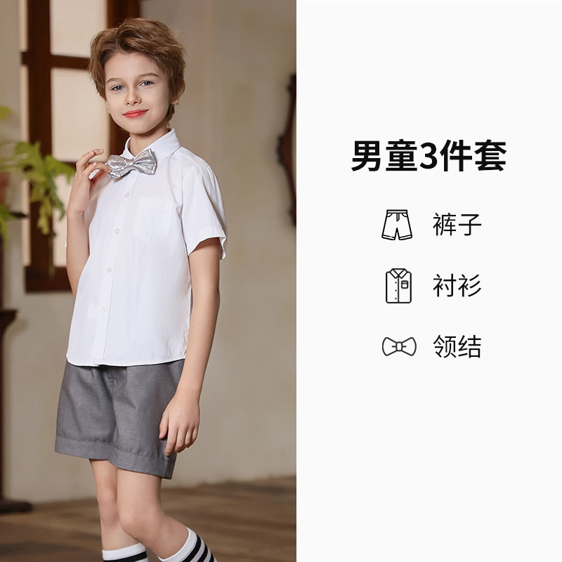 Traje de vestir para niños Traje de actuación de manga corta de verano para niños Anfitrión de piano Traje de interpretación de recitación del Día del Niño al por mayor