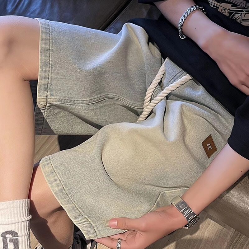 elastic waist Denim shorts men's summer thin loose American style retro pants fashion brand casual half pants for outerwear