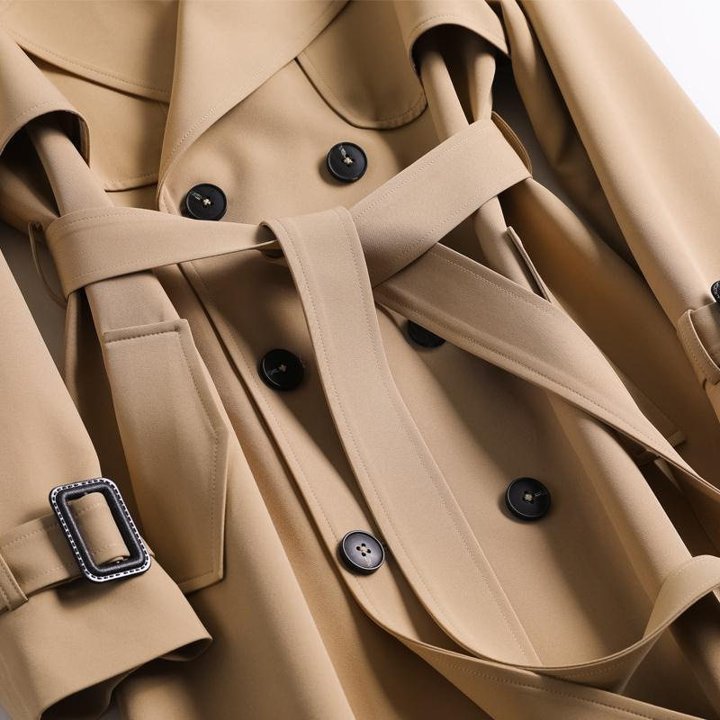 Áo khoác gió nữ dáng trung bình dài qua gối, tay dài, cổ polo, phong cách thanh lịch — Khaki [Lớp lót màu trơn], Lớp lót kẻ sọc kaki, Lớp lót kẻ sọc màu trắng nhạt, Lớp lót kẻ sọc màu xanh hải quân
