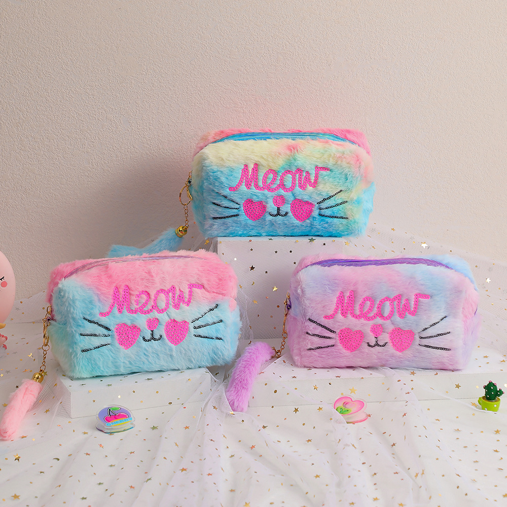 Estuche de Lápices de Felpa Gato, Nueva Temporada de Invierno, Gran Capacidad, Bolsa de Papelería y Cosméticos para Estudiantes