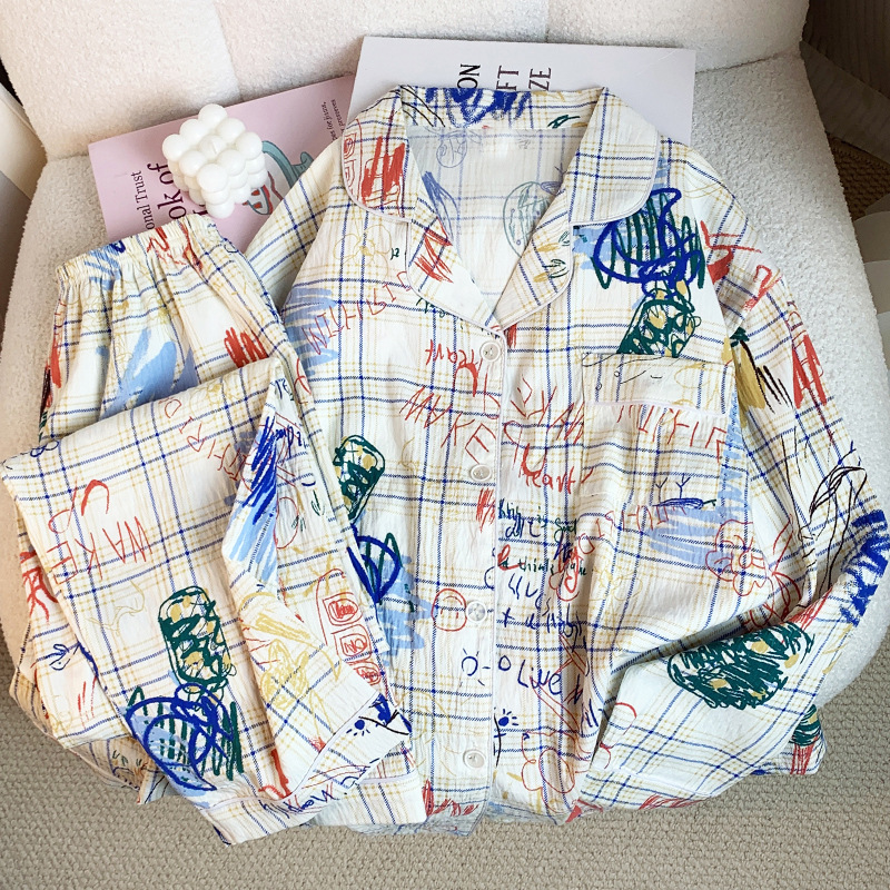 Ins retro cute graffiti cloud cotton pajamas long sleeve trousers women's autumn design sense home clothes real shot wholesale