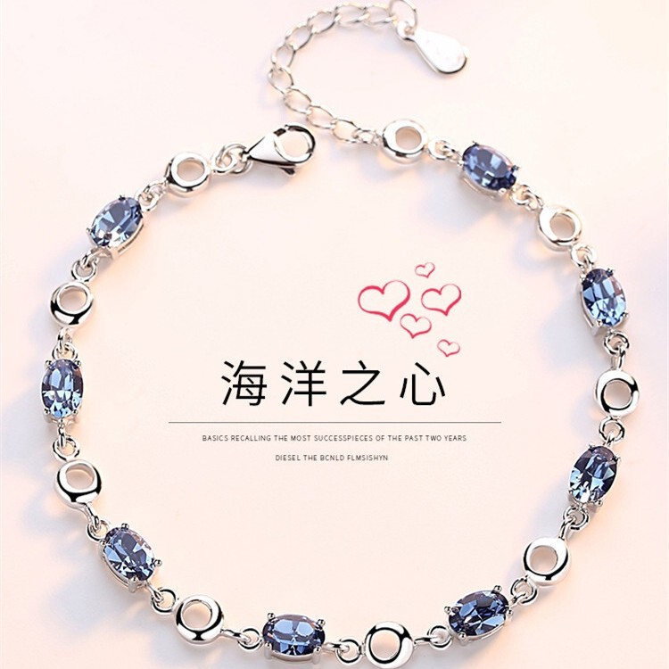 Inlaid with Sea Blue Imitation Topaz, Silver-Plated Bracelet for Women, Crystal, Simple, Student Style, Personalized, Best Friend Birthday Gift Inlaid with Sea Blue Imitation Topaz, Silver-Plated Bracelet for Women, Crystal, Simple, Student Style, Personalized, Best Friend Birthday Gift