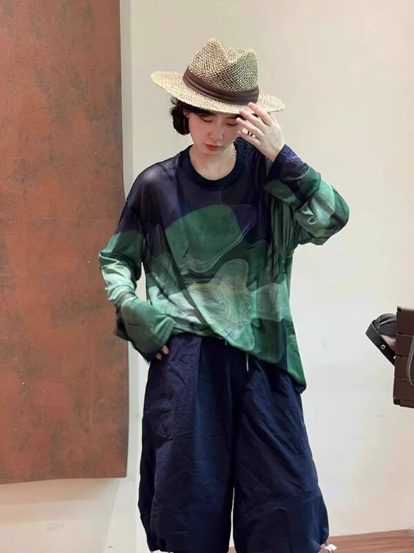 青绿色水墨晕染冰丝凉感长袖T恤防晒衫超好看独特漂亮薄上衣夏季|undefined