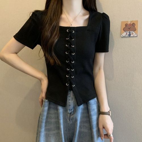 Ready-to-ship square-neck top, super beautiful, youthful style, unique design, distinctive look, tied waist, slimming, versatile, short-sleeved T-shirt