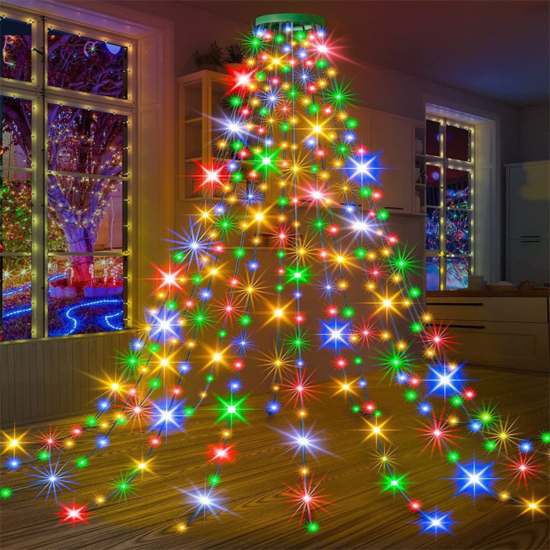 LED Leather Cord Disc Tree Top Night Light USB Plug Five Pointed Star Waterfall Hanging Christmas Light Popular Flowing Water_voghion.com