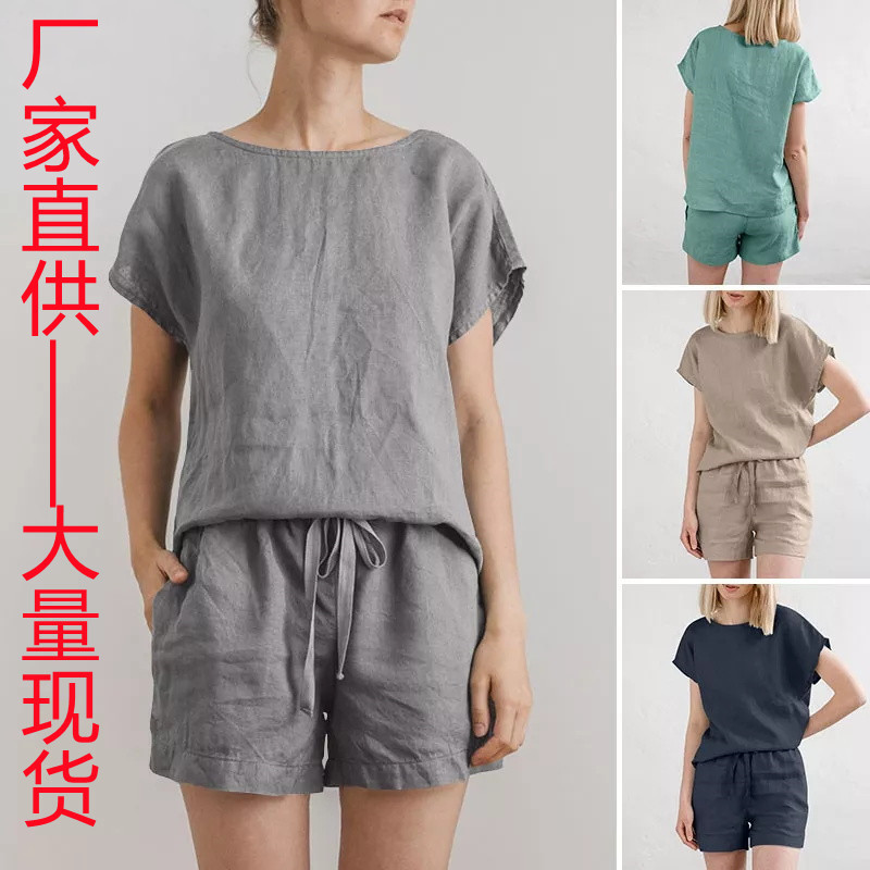 Cross Border 2025 Spring Short Sleeve Urban Cotton Linen Brown Retro Fashion Casual Solid Color Top and Shorts suit Cross Border 2025 Spring Short Sleeve Urban Cotton Linen Brown Retro Fashion Casual Solid Color Top and Shorts suit