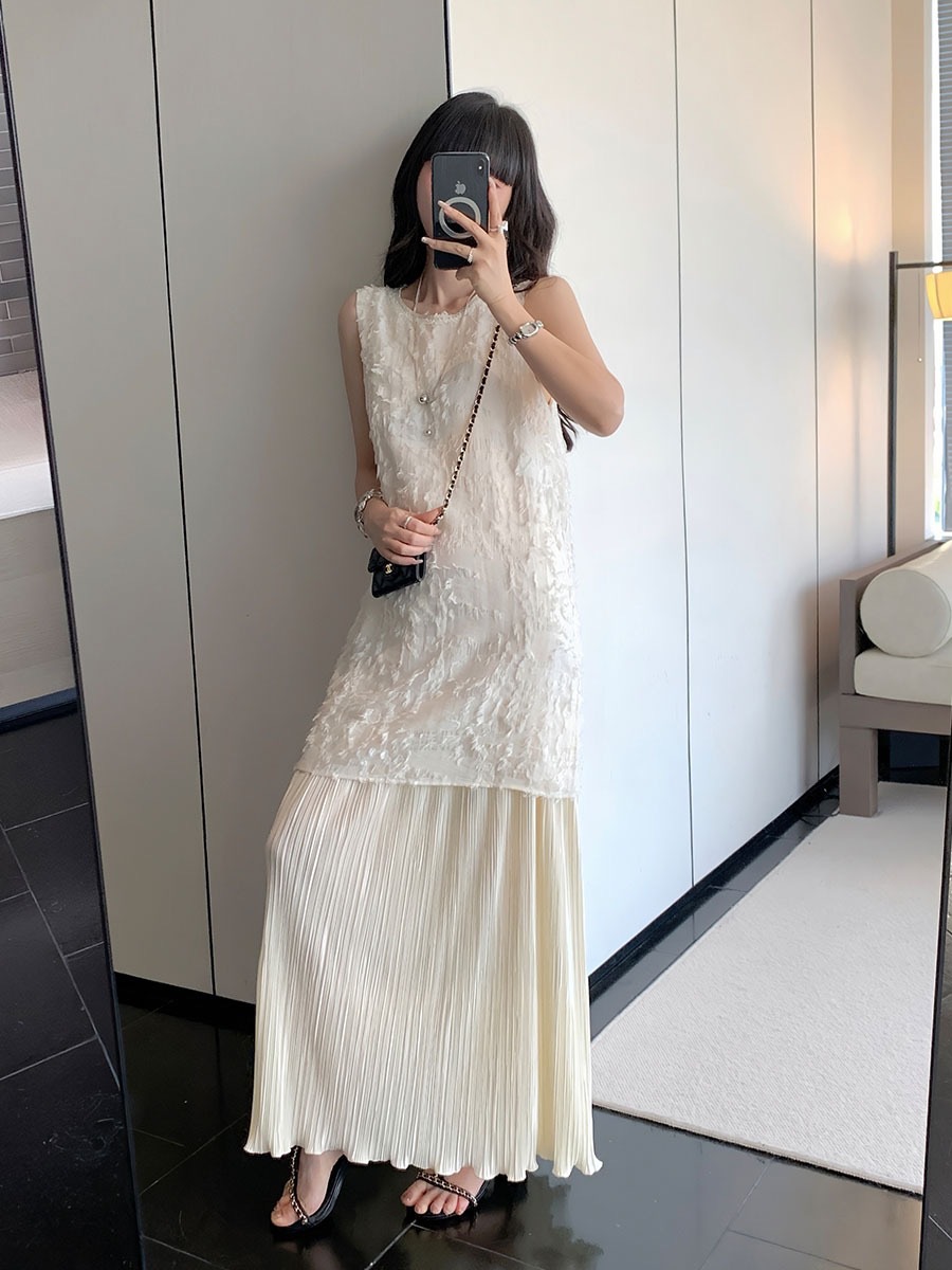 Đầm suông midi nữ kiểu Hàn Quốc tay ngắn xếp ly thẳng — hồng