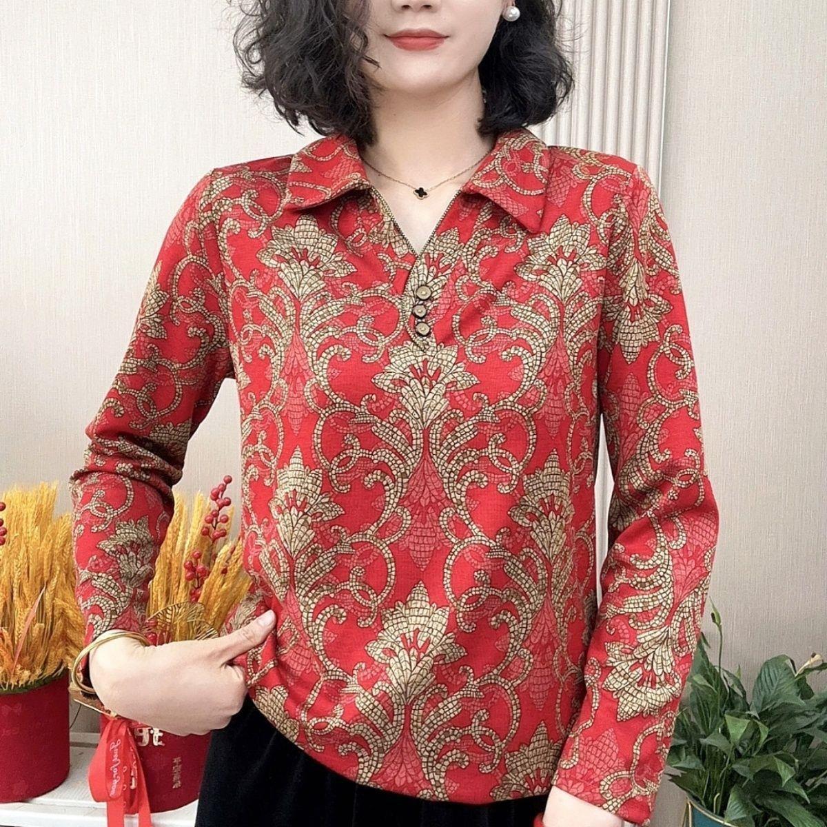 High-end spring new fashion shirts and T-shirts for mothers, stylish long-sleeved floral tops for middle-aged women, suitable for spring and autumn