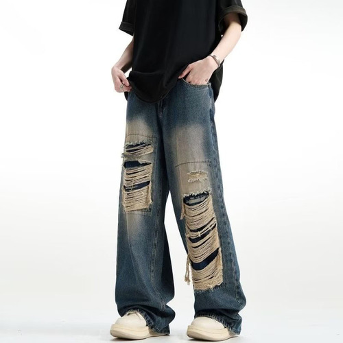 American streetwear retro ripped denim pants for men, summer wash distressed loose wide-leg straight-leg floor-length pants trendy