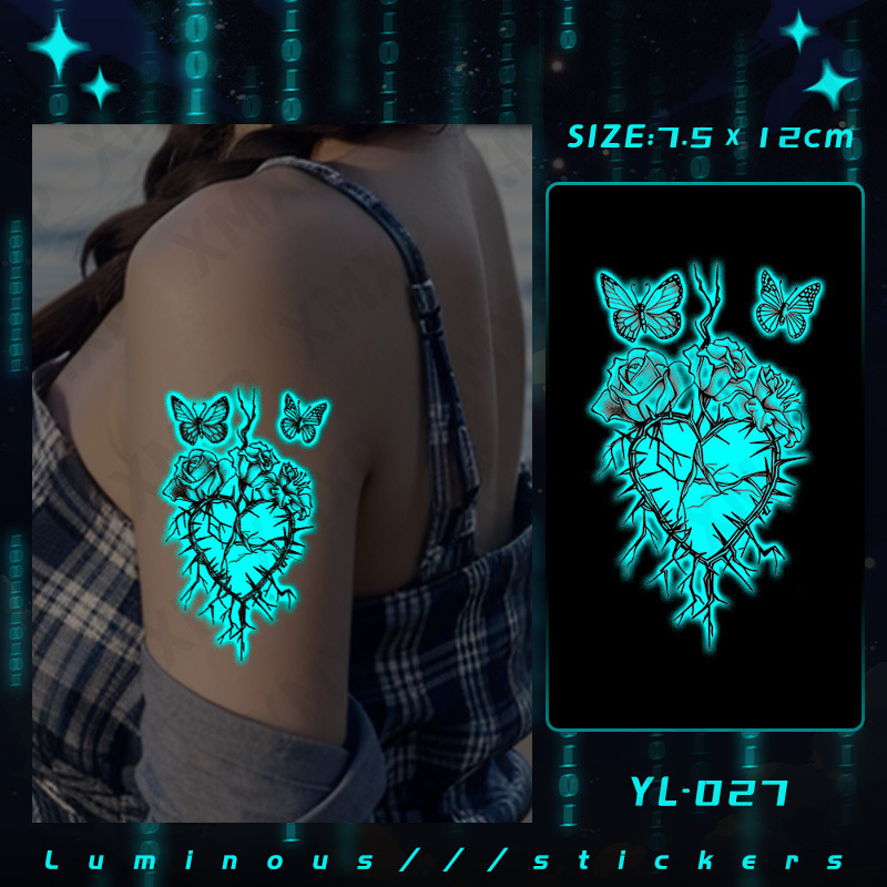 Xm&Xp Blue Luminous Tattoo Sticker Female Waterproof Long-Lasting Ins Gothic Style Dark Thorn Rose Heart Stylish
