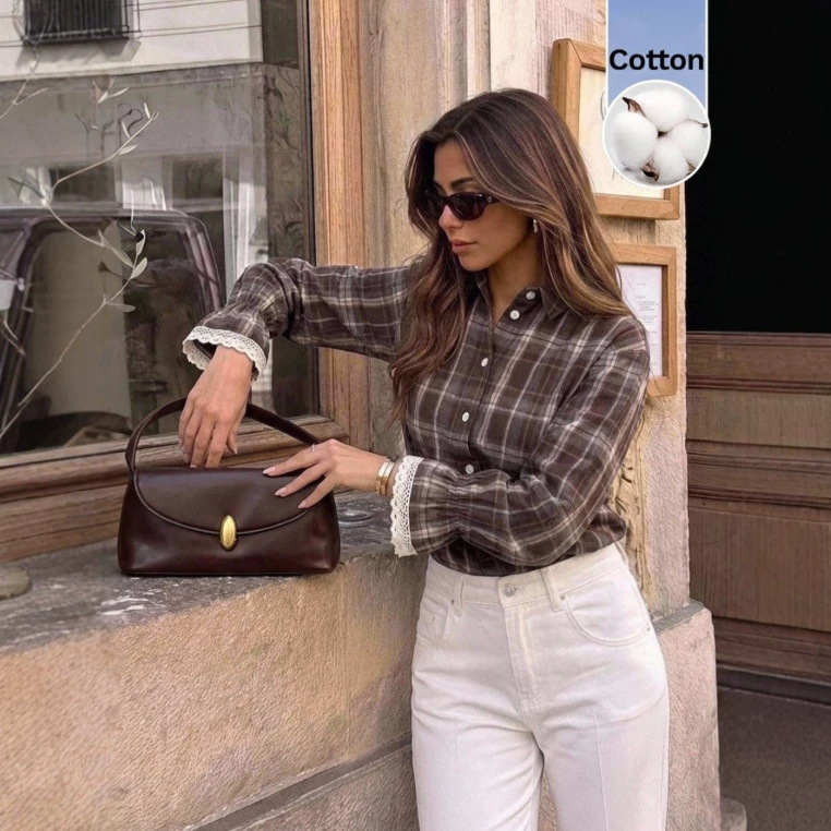 2026 Cross-border Amazon Brown Plaid Lace Trim Long-Sleeve Cotton Shirt for Women, European and American Retro Casual Style 2026 Cross-border Amazon Brown Plaid Lace Trim Long-Sleeve Cotton Shirt for Women, European and American Retro Casual Style
