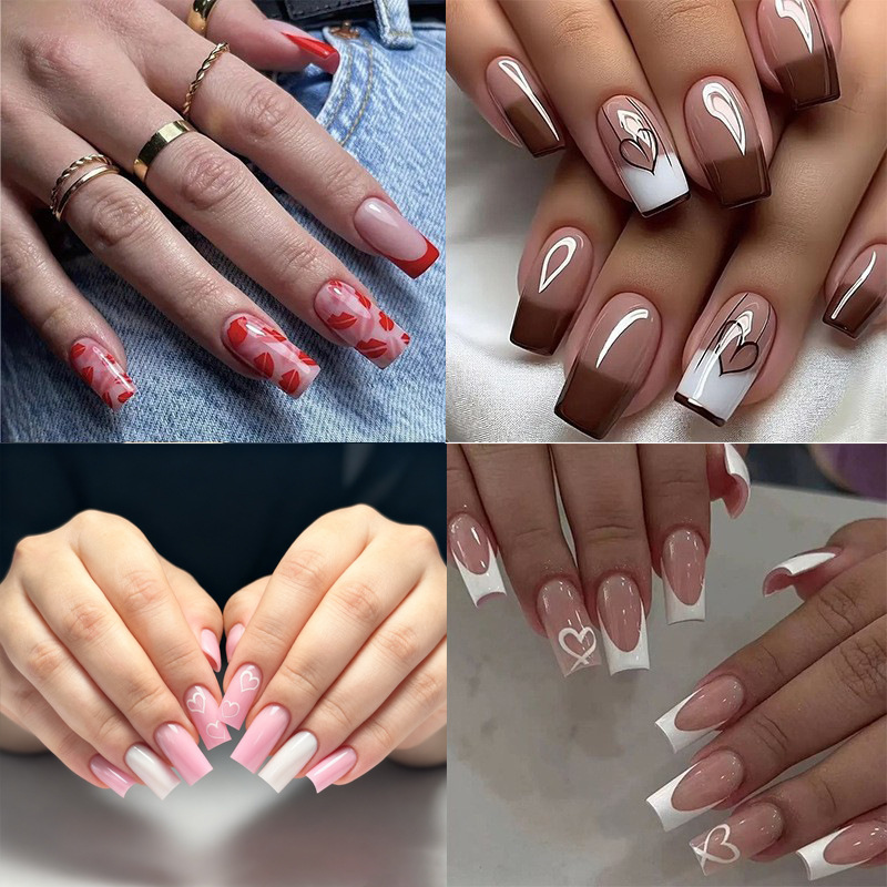 New Cross-Border Nail Art Patch Heart Valentine's Day European and American Small Fresh Classic French Mid-Length Square Wearable Nails New Cross-Border Nail Art Patch Heart Valentine's Day European and American Small Fresh Classic French Mid-Length Square Wearable Nails