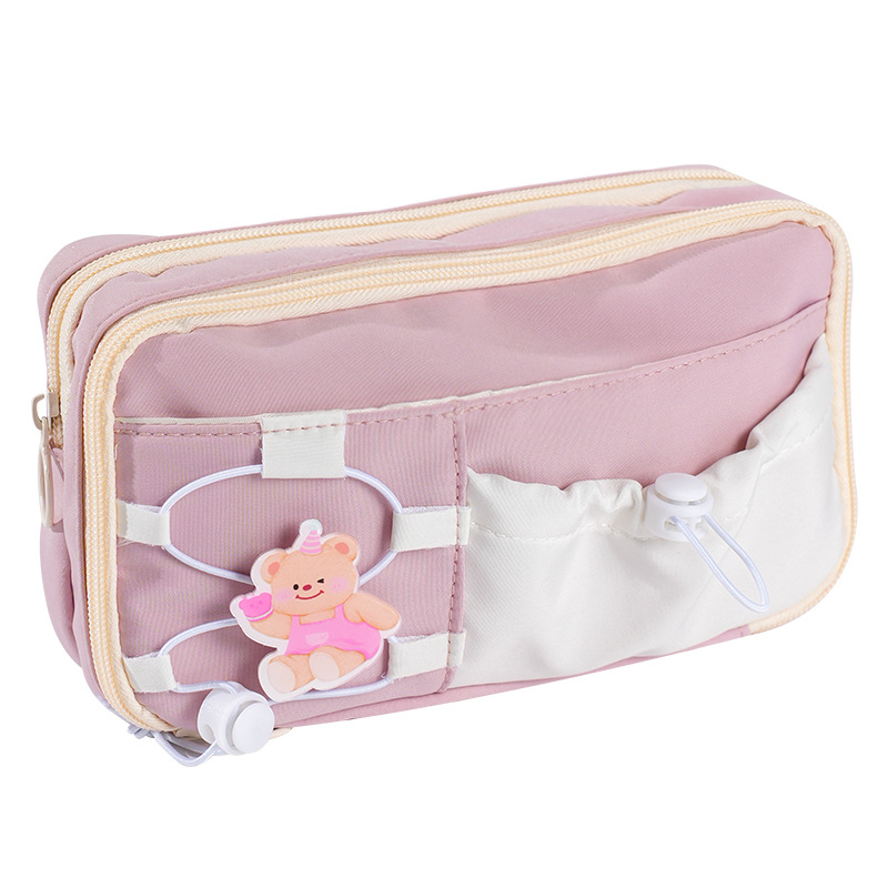 Nueva caja de papelería de almacenamiento en capas de doble cordón de color de contraste lindo, de gran capacidad, simple y de alto valor, estuche para lápices, papelería de almacenamiento