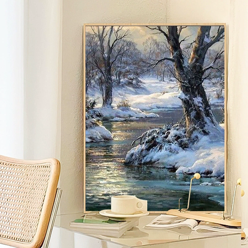 Foreign trade landscape digital oil painting DIY hand-filled forest art snow scene hanging painting factory wholesale without inner frame