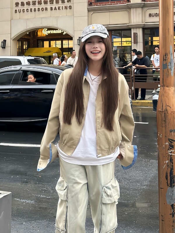 格子拼接假两件外套女秋季2025新款美式复古宽松男女款工装夹克潮|undefined