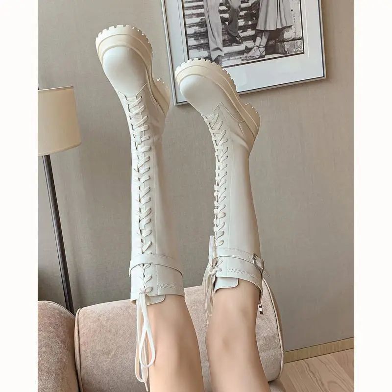 Super long legs handsome front lace-up solid color Knight boots women's new thick-soled knee slimming boots high boots fashion