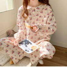 韩版少女花边长袖睡衣春秋季卡通樱桃小兔小熊甜美可爱家居服套装