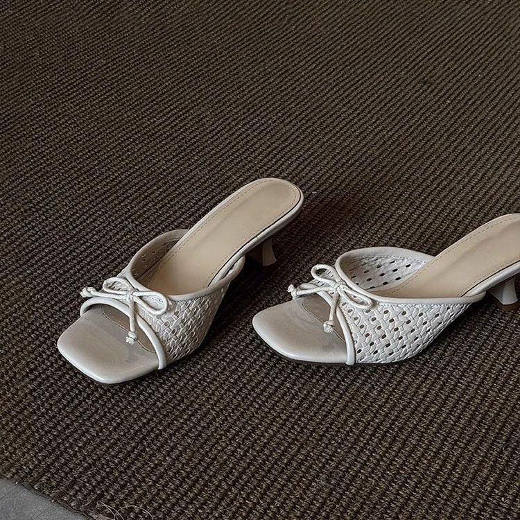 Версия из овчины ~ женские плетеные сандалии с вырезами в праздничном стиле, универсальные шлепанцы с бантом, летние туфли на высоком каблуке с открытым квадратным носком.