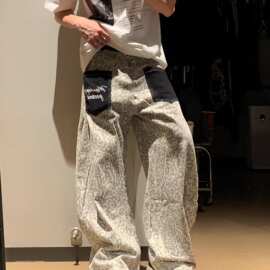 潮流美式复古豹纹贴布口袋牛仔裤男女宽松街头阔腿弯刀休闲长裤