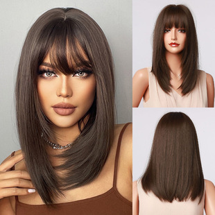 Foreign Trade Wig with Bangs, Black-Brown Shoulder-Length Straight Hair with Curled Ends, Face-Shaping, High-Temperature Fiber, European and American Style