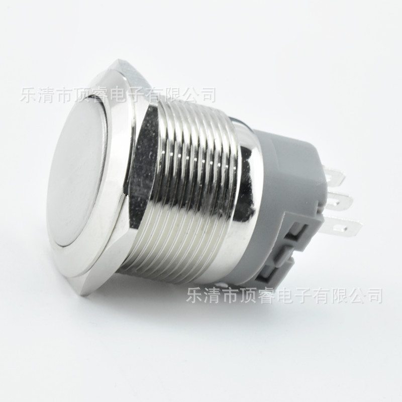 22mm平头自复位 金属按钮开关3插脚防水 可焊接/插端子 平头/高头